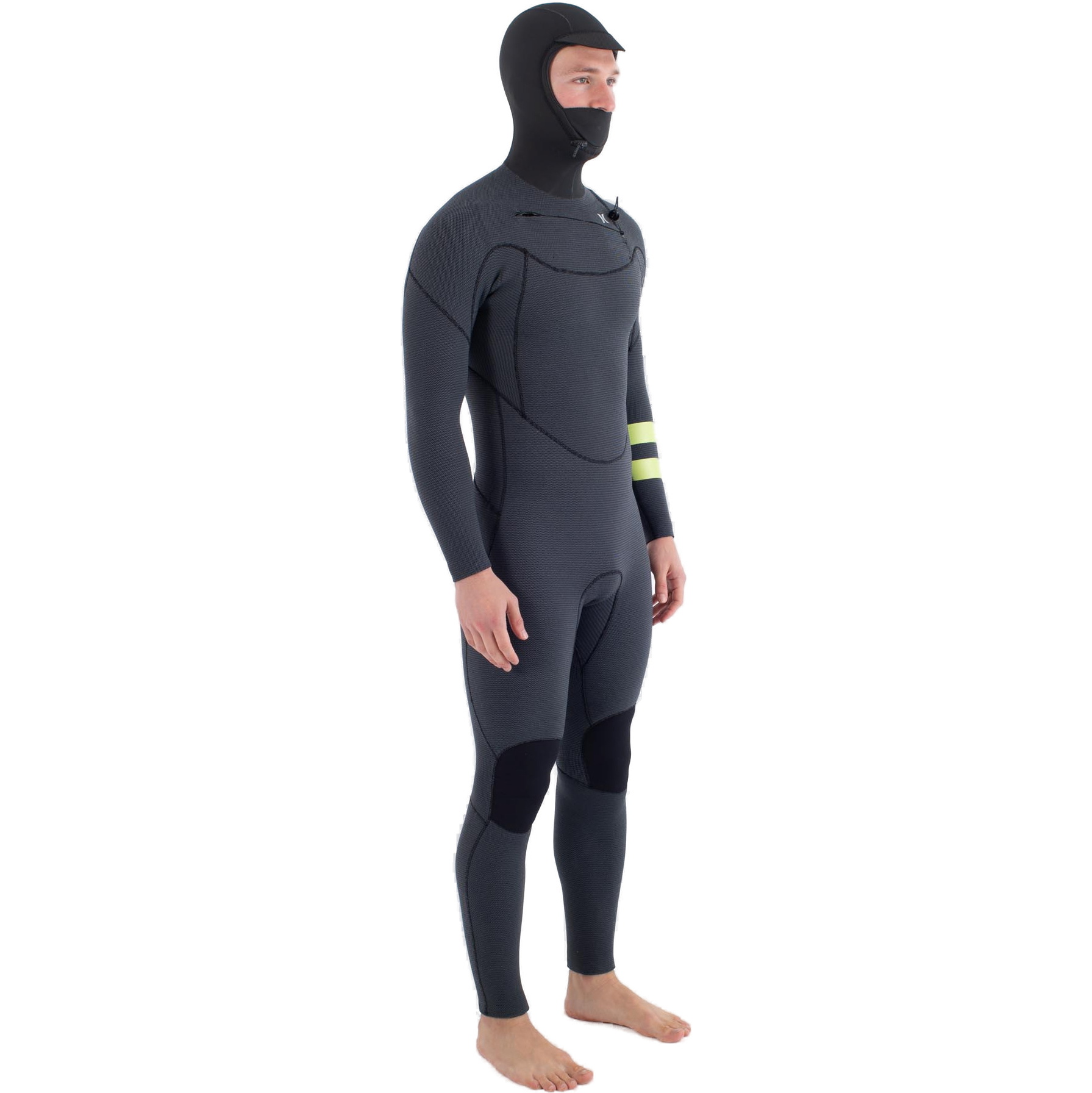 2025 Hurley Da Uomo Plus 5/3mm Con Cappuccio Chest Zip Muta MFS0012543 - Black / Lemon