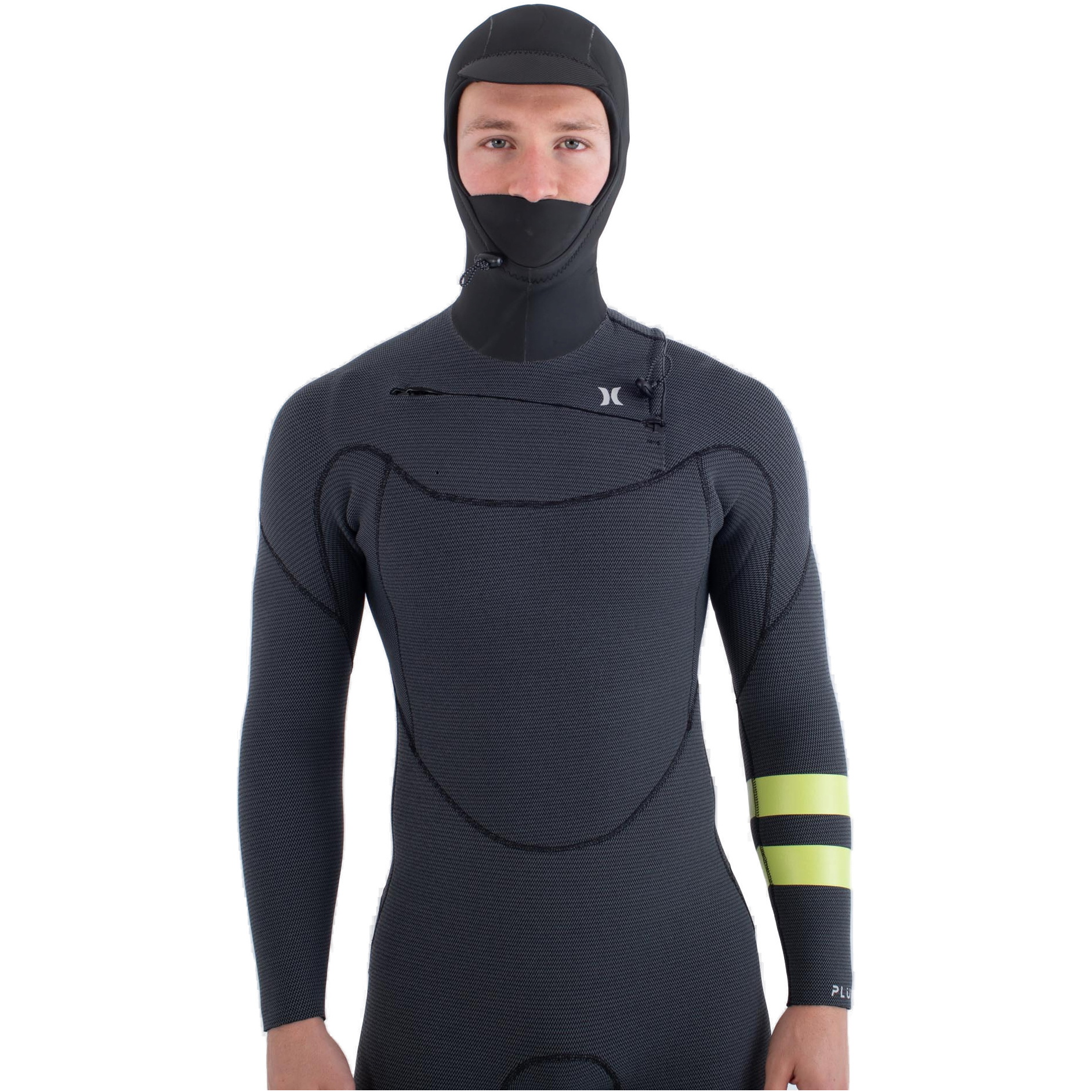 2025 Hurley Da Uomo Plus 5/3mm Con Cappuccio Chest Zip Muta MFS0012543 - Black / Lemon