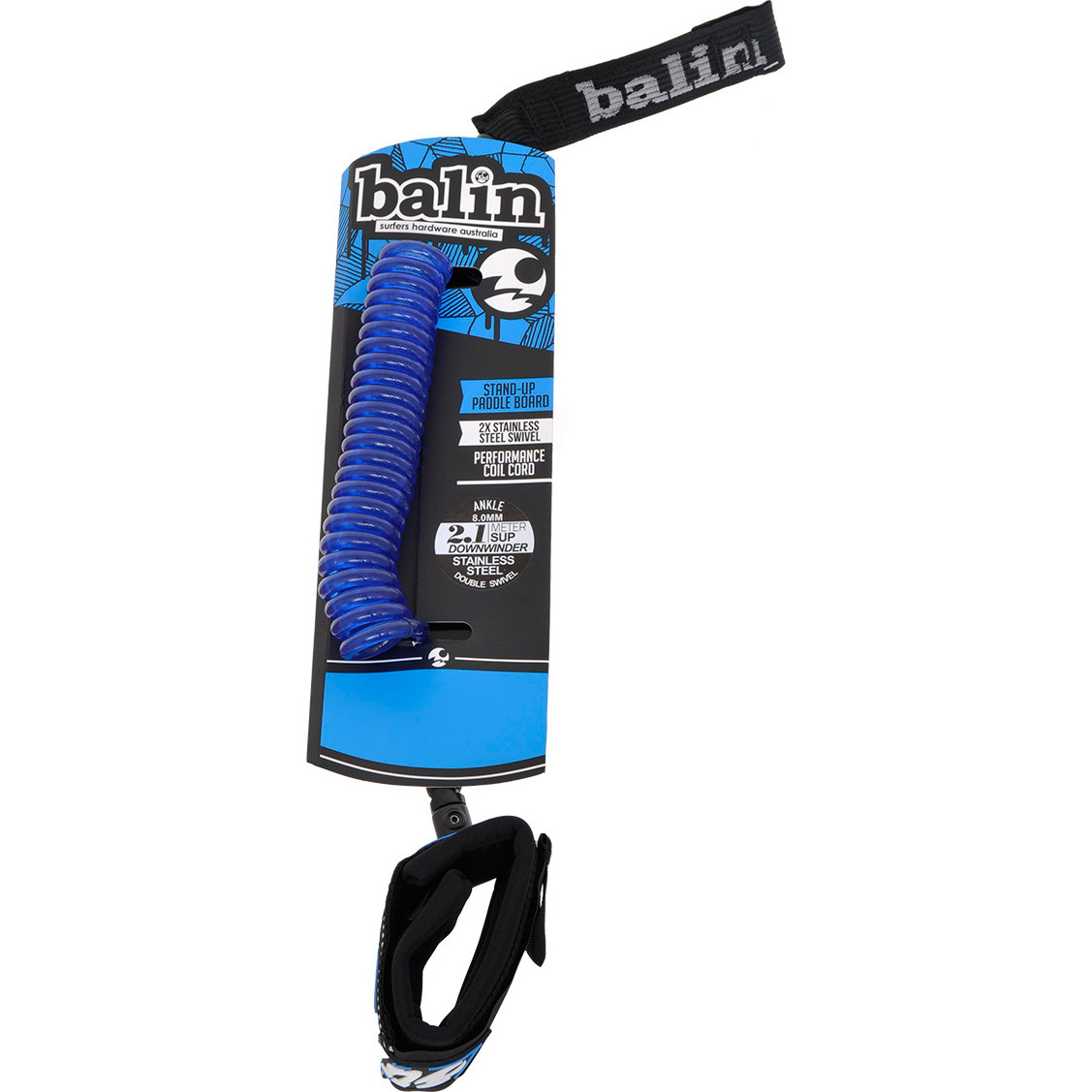 Balin Downwinder Coil 8mm Double Swivel Ankle SUP Leash 6ft Blue