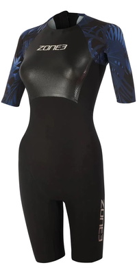 2025 Zone3 Da Donna Tropical Palm Back Zip Shorty Swimskin SS21WWTC101 - Black / Blue
