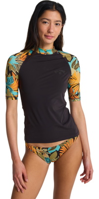 2026 Billabong Womens Tropic Surf Short Sleeve Print Rash Vest EBJWR03047 - Black Pebble
