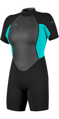2026 ONeill Womens Reactor-2 2mm Back Zip Shorty Wetsuit 5043B - Black / Lt Aqua