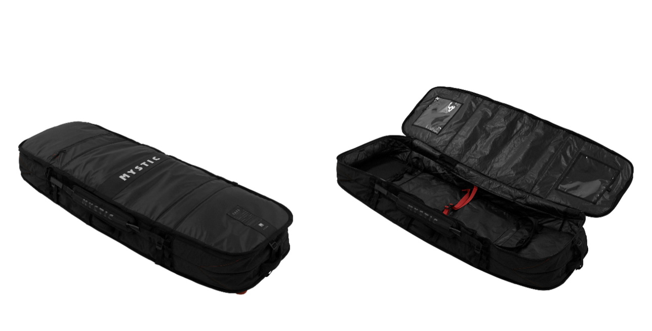 Black wheeled board bag shown closed and open with its internal compartments, on white