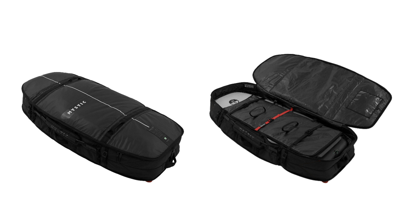 Black board bag shown closed and open with its padded internal dividers, on white