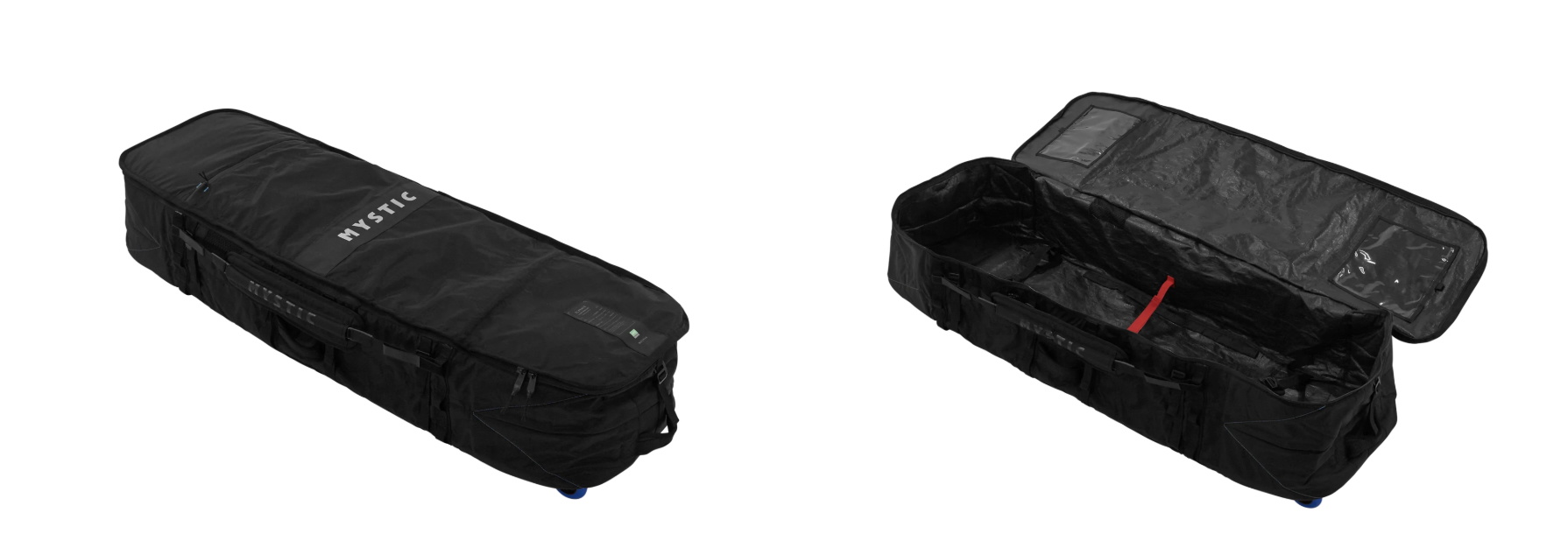 Black wheeled kit bag shown closed and open with its mesh inner pockets, on white