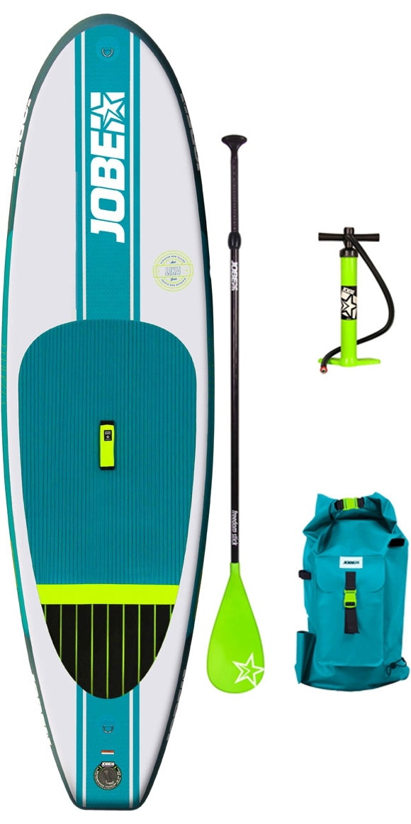 Jobe inflatable paddle board package in teal and white with pump, paddle and dry bag rucksack