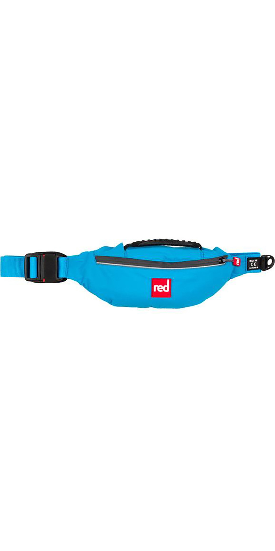 Slim blue waist belt pack with a red logo and quick-release buckle, shown on a white background