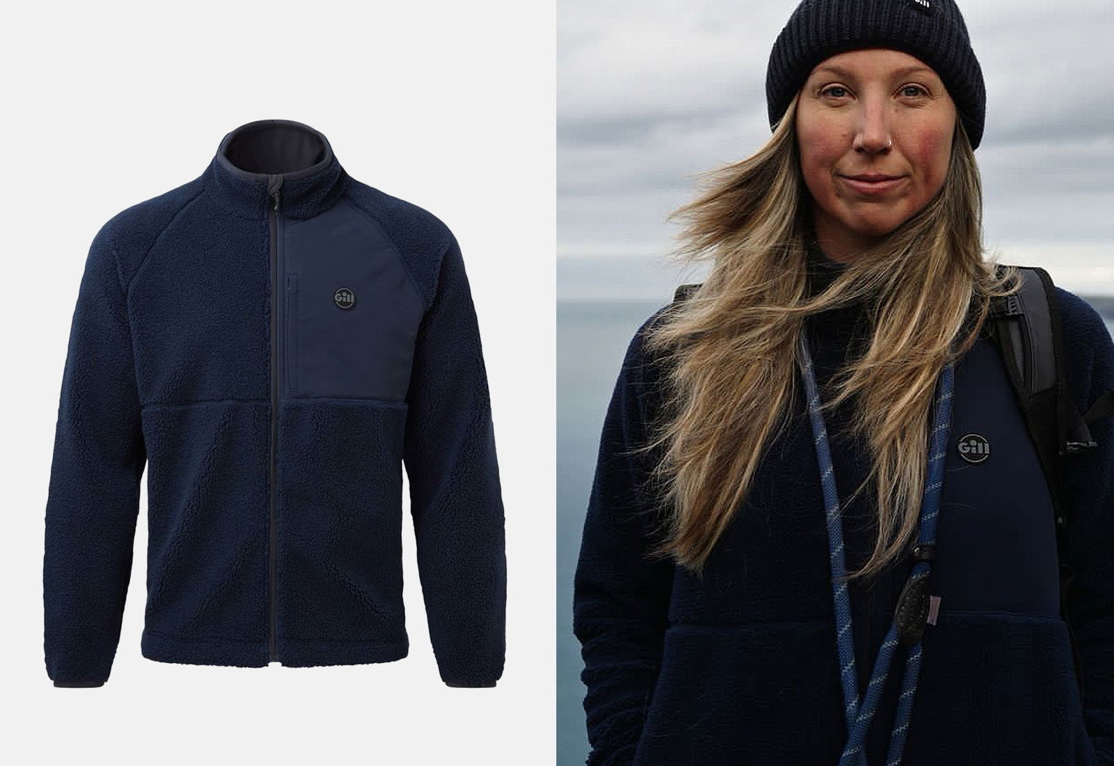 Navy fleece jacket product shot beside a woman in a black beanie and jacket by the coast