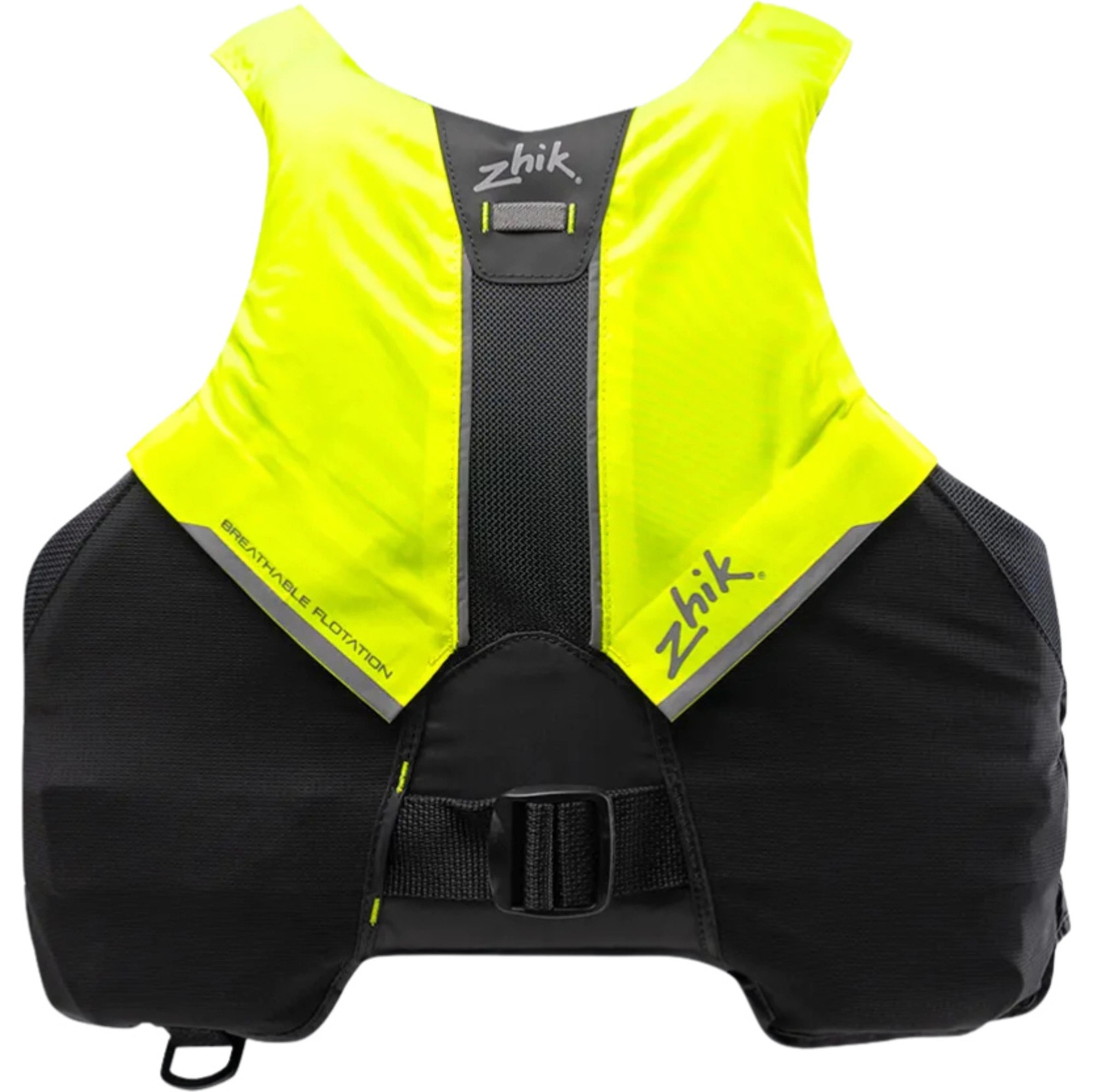 Fluoro yellow and black Zhik buoyancy aid shown front on against a white background