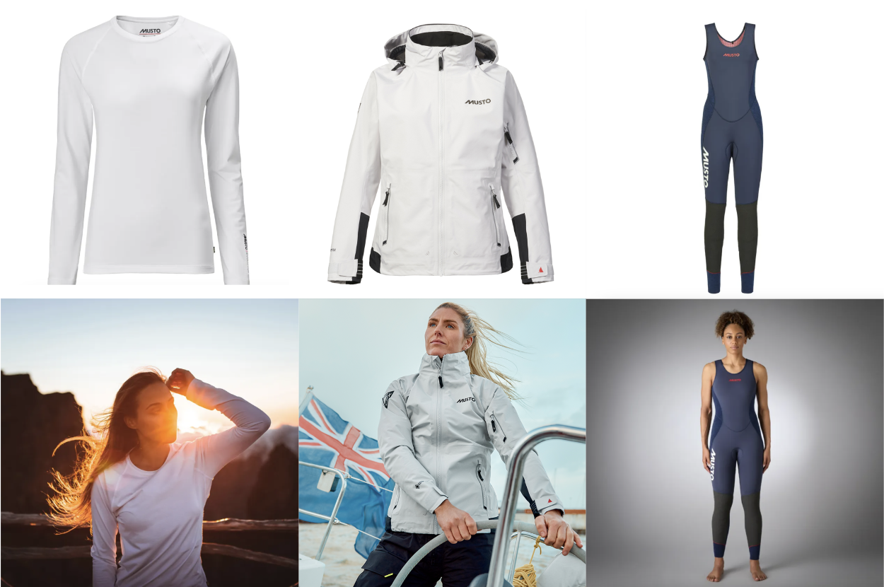 Montage of womens sailing kit: white base layer, white waterproof jacket and navy salopettes