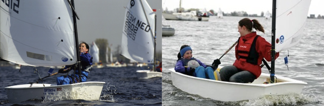 Two photos of a young sailor racing a single-handed dinghy, hiking out on sheltered water