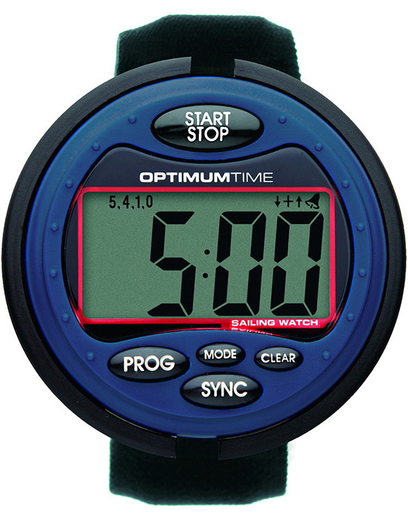 Blue Optimum Time sailing watch with start, prog and sync buttons showing a 5:00 countdown
