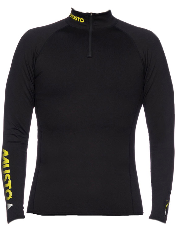 Black Musto half-zip thermal top with a yellow logo at the collar, shown on a form