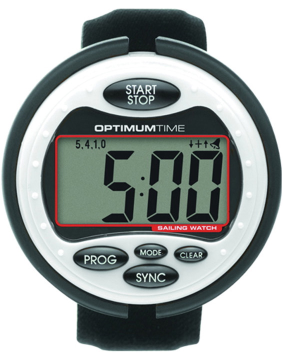 White and grey Optimum Time sailing watch showing a 5:00 start countdown on its large display