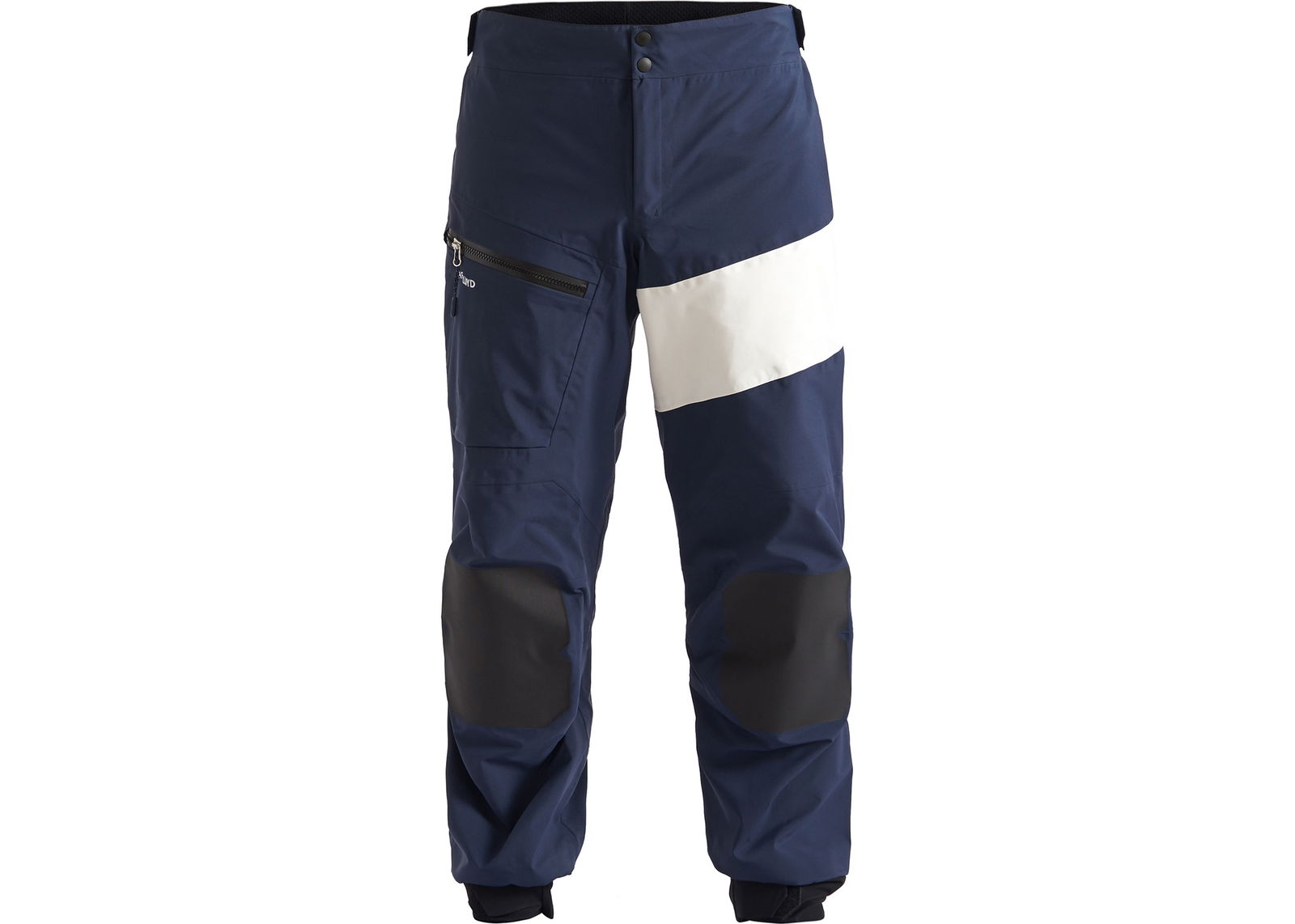Navy sailing trousers with a white flash and reinforced black knee panels