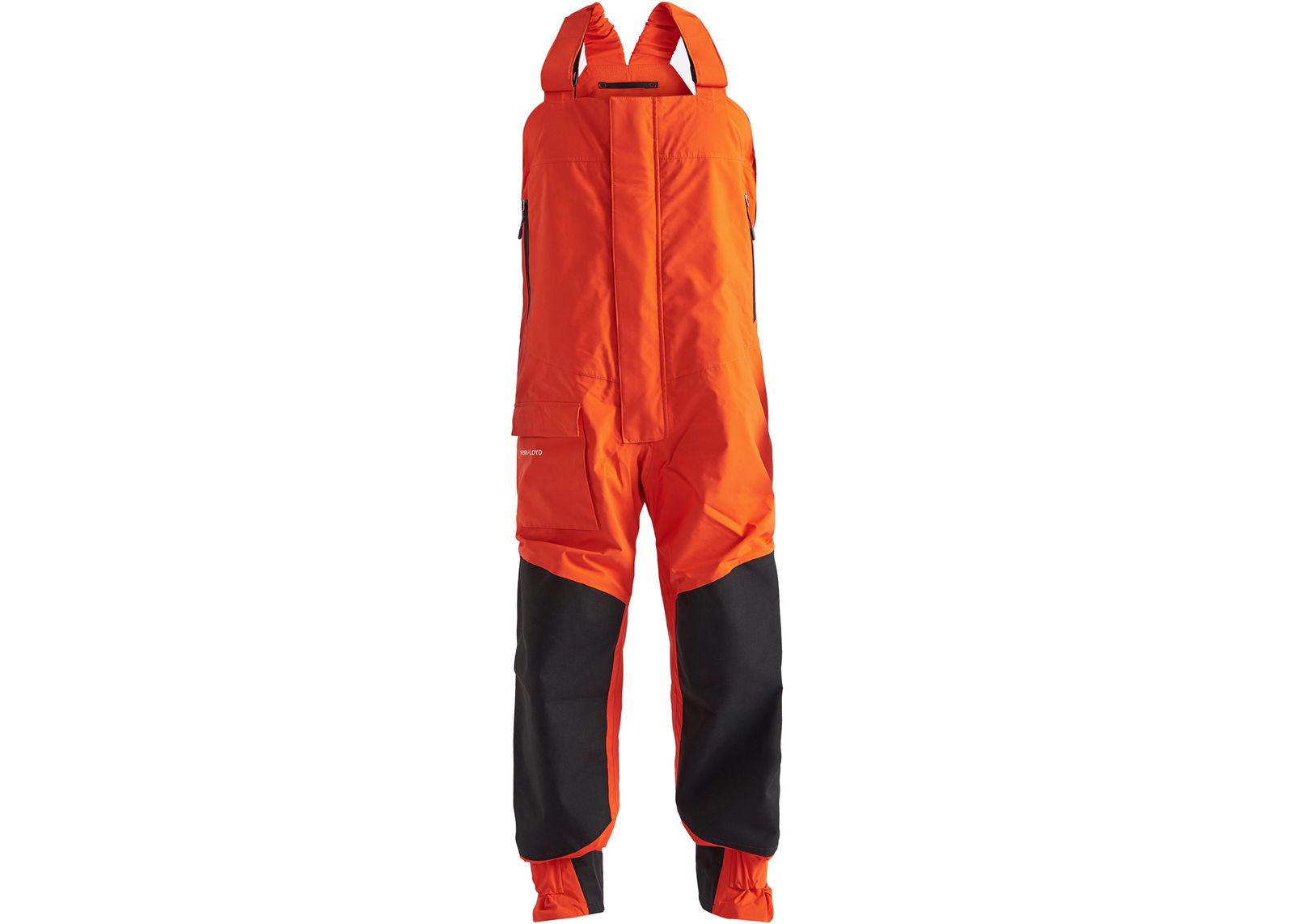 Orange offshore sailing salopettes with braces and black reinforced lower legs