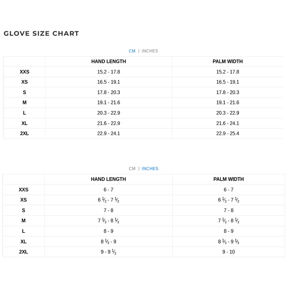 Xcel Gloves 22 0 Guida alle taglie