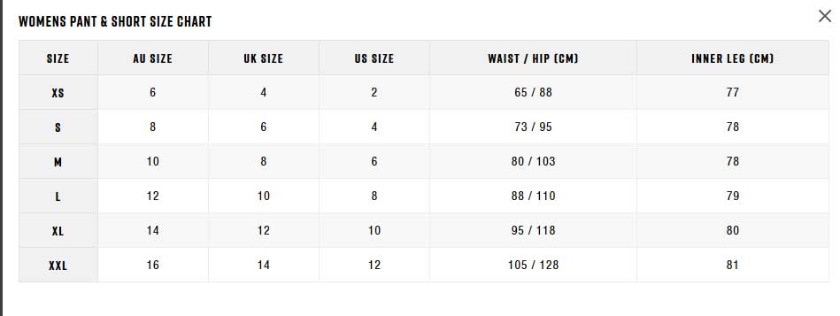 Zhik Womens Pants Shorts 0 Guida alle taglie